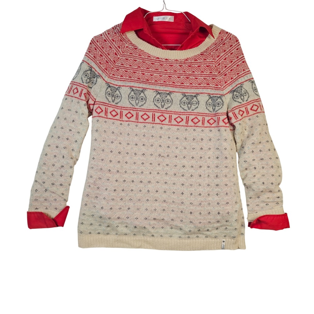 Woolrich Owl Fair Isle Sweater & Doublju Red Collared Shirt Set Womens Medium